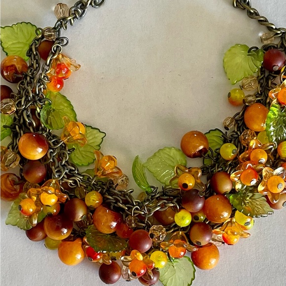 Vintage Lucite and Brass Fruit and Flora Necklace and Earrings Set Cha Cha Style - Picture 3 of 9
